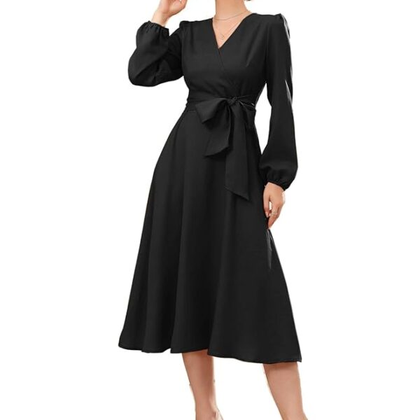 V-Neck Bishop Sleeve Midi Belted Dress